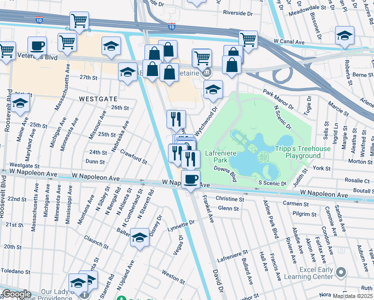 map of restaurants, bars, coffee shops, grocery stores, and more near 2413 David Drive in Metairie