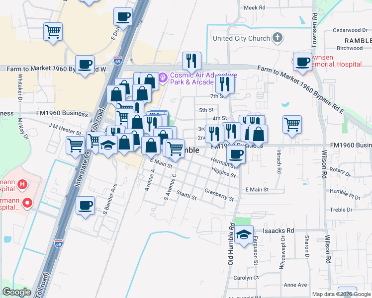 map of restaurants, bars, coffee shops, grocery stores, and more near in Humble
