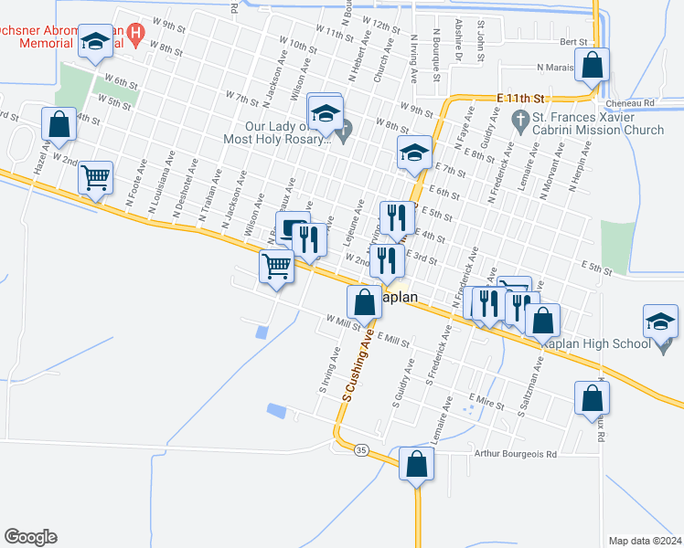 map of restaurants, bars, coffee shops, grocery stores, and more near 201-299 West Veterans Memorial Drive in Kaplan