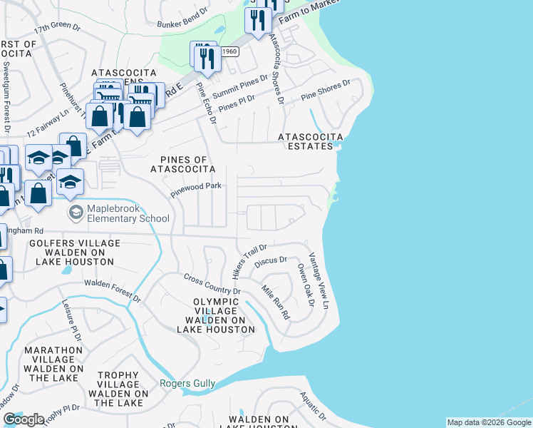 map of restaurants, bars, coffee shops, grocery stores, and more near 19322 Anchor Bay Lane in Humble