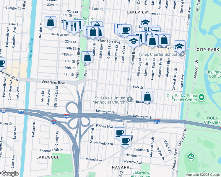 map of restaurants, bars, coffee shops, grocery stores, and more near 5943 Louisville Street in New Orleans