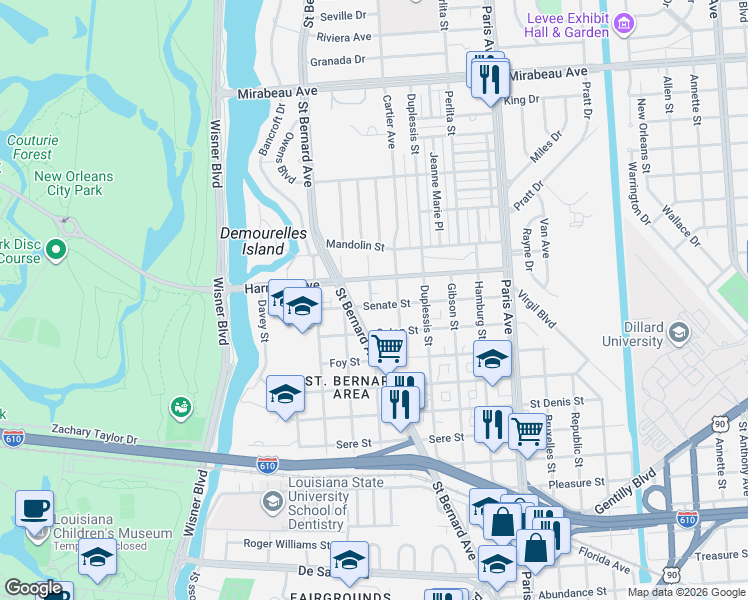 map of restaurants, bars, coffee shops, grocery stores, and more near 1325 Senate Street in New Orleans
