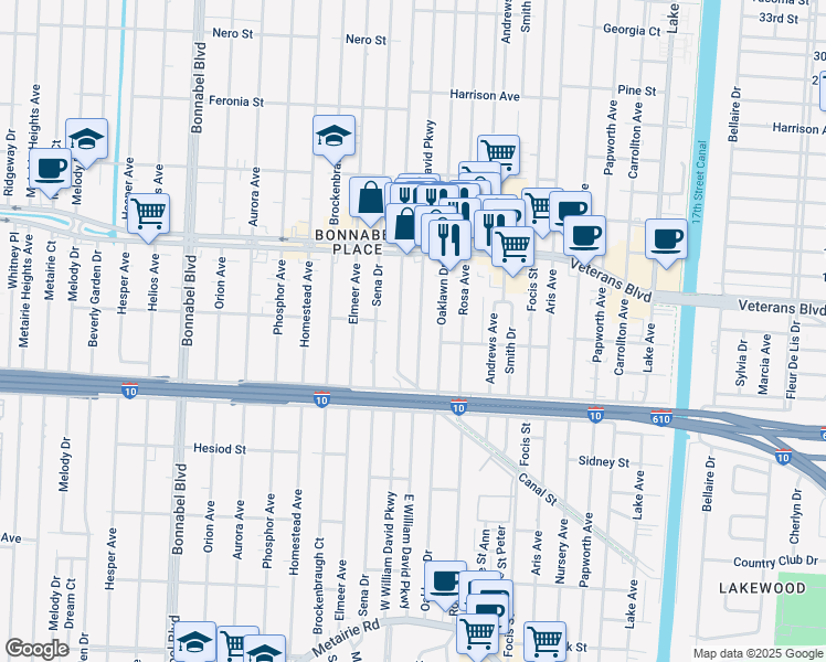 map of restaurants, bars, coffee shops, grocery stores, and more near 421 East William David Parkway in Metairie