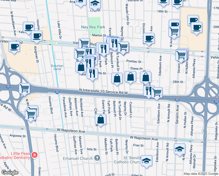 map of restaurants, bars, coffee shops, grocery stores, and more near 3012 Danny Park in Metairie