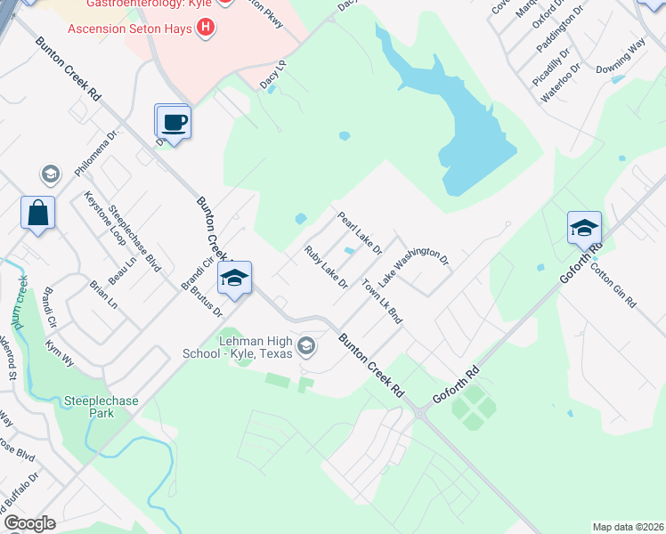map of restaurants, bars, coffee shops, grocery stores, and more near 108 Mood Lake Drive in Kyle
