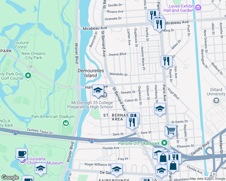 map of restaurants, bars, coffee shops, grocery stores, and more near 4108 Saint Bernard Avenue in New Orleans