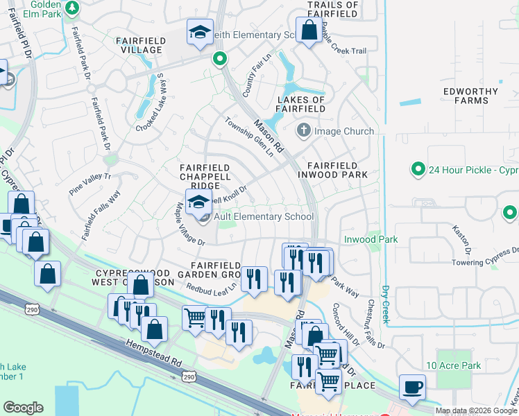 map of restaurants, bars, coffee shops, grocery stores, and more near 15423 Woodland Orchard Lane in Cypress