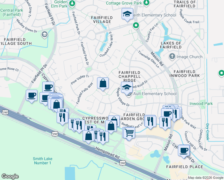 map of restaurants, bars, coffee shops, grocery stores, and more near 15510 Bluebonnet Dale Drive in Cypress