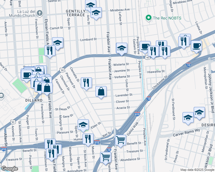 map of restaurants, bars, coffee shops, grocery stores, and more near 2549 Jonquil Street in New Orleans
