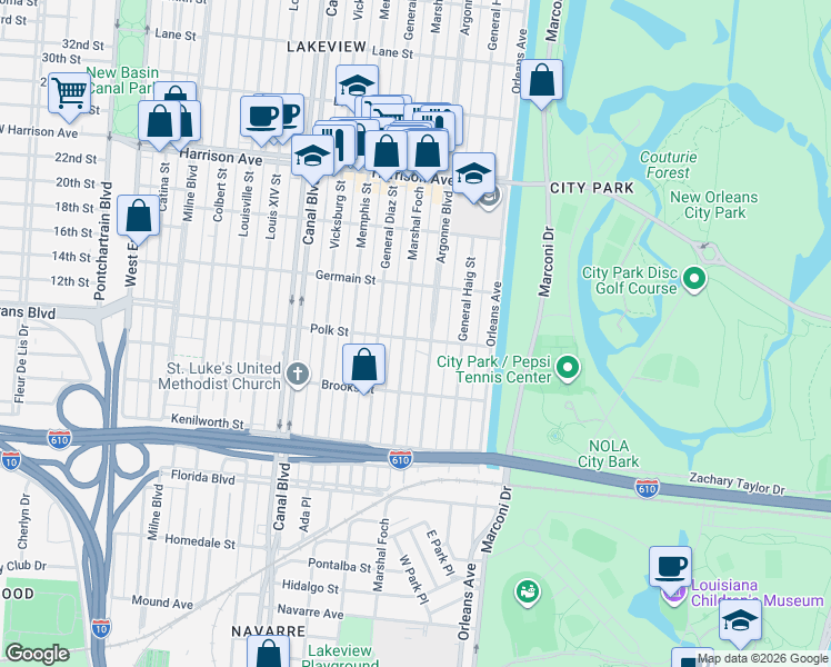 map of restaurants, bars, coffee shops, grocery stores, and more near 5971 Argonne Boulevard in New Orleans