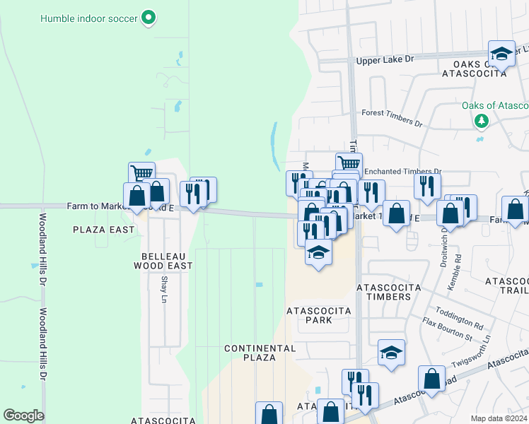 map of restaurants, bars, coffee shops, grocery stores, and more near Farm to Market 1960 in Humble