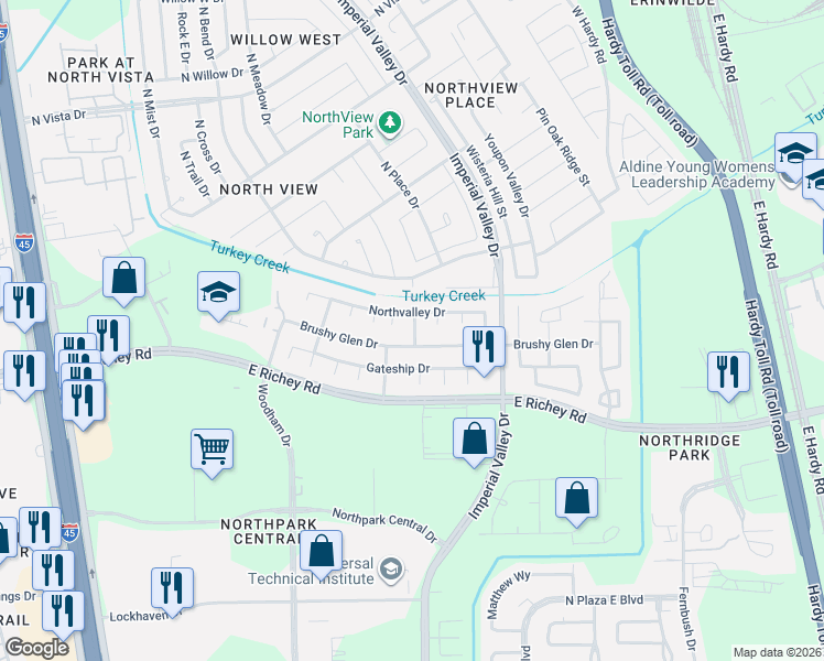 map of restaurants, bars, coffee shops, grocery stores, and more near 507 Brushy Glen Drive in Houston