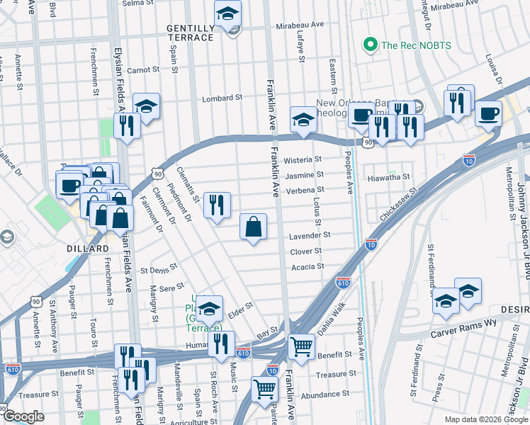 map of restaurants, bars, coffee shops, grocery stores, and more near 2560 Gladiolus Street in New Orleans