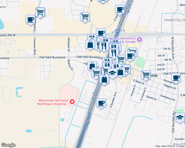 map of restaurants, bars, coffee shops, grocery stores, and more near 19333 U.S. 59 in Humble