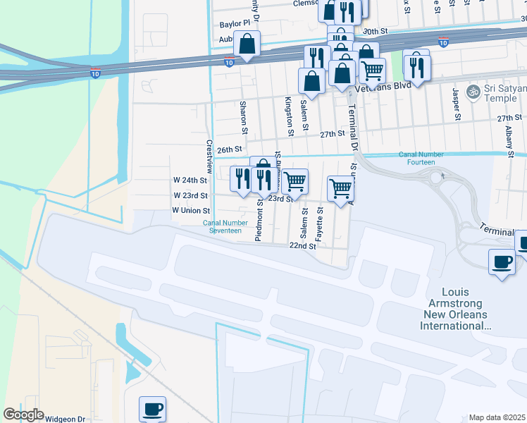 map of restaurants, bars, coffee shops, grocery stores, and more near 2234 Piedmont Street in Kenner
