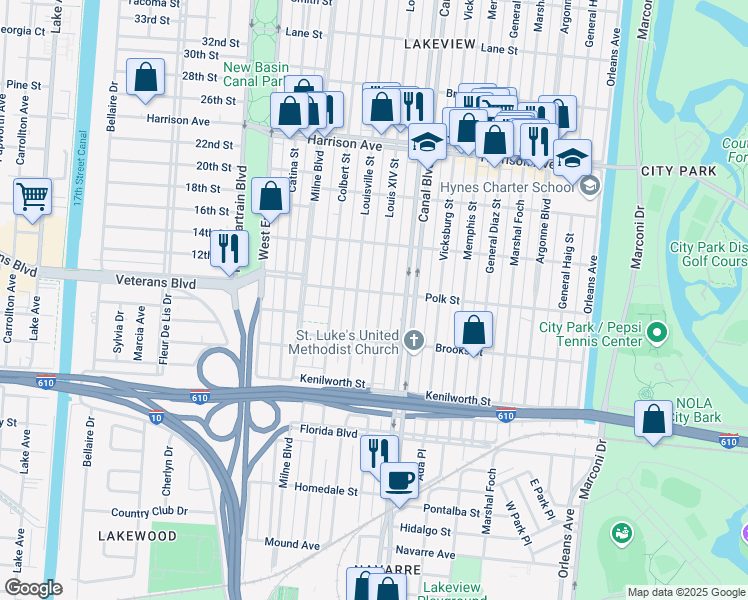map of restaurants, bars, coffee shops, grocery stores, and more near 5944 Canal Boulevard in New Orleans