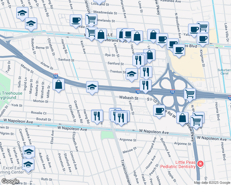 map of restaurants, bars, coffee shops, grocery stores, and more near 4928 Wabash Street in Metairie