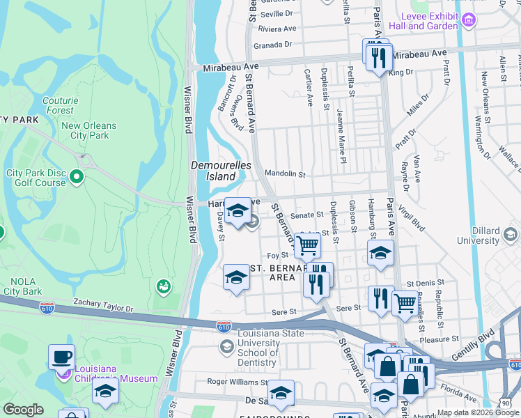 map of restaurants, bars, coffee shops, grocery stores, and more near 4100 Cadillac Street in New Orleans