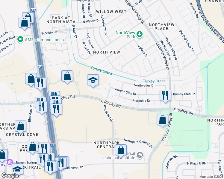 map of restaurants, bars, coffee shops, grocery stores, and more near 20923 Edgebaston Court in Houston