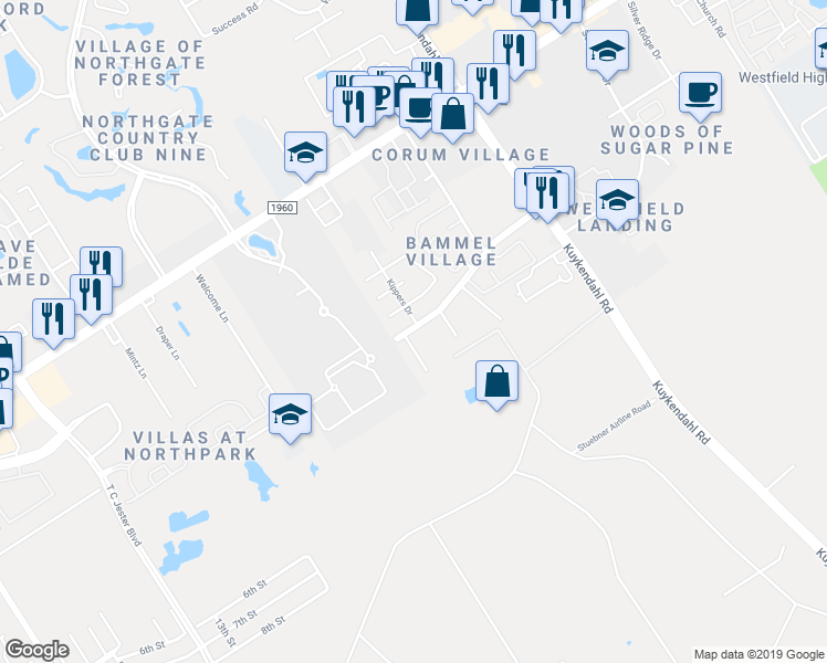 map of restaurants, bars, coffee shops, grocery stores, and more near 2515 Bammelwood Drive in Houston