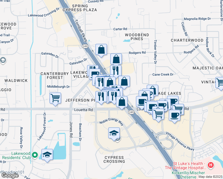 map of restaurants, bars, coffee shops, grocery stores, and more near 21159 1/2 Tomball Parkway in Houston