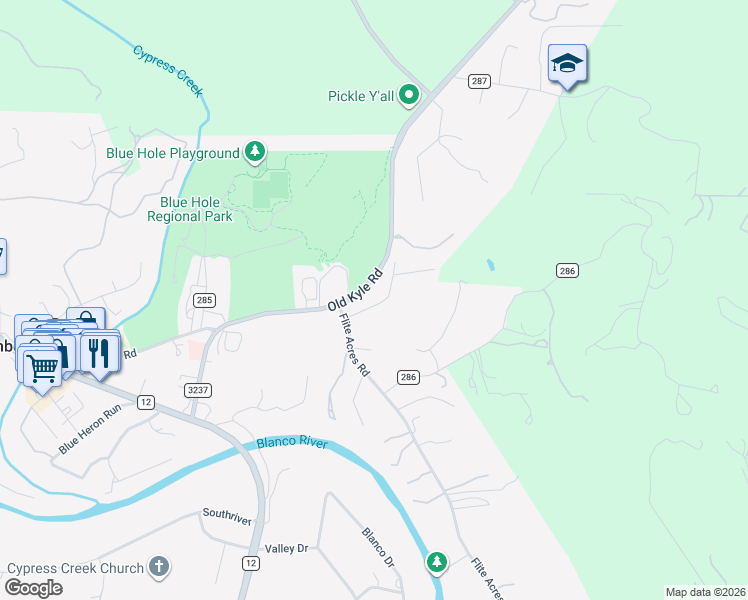 map of restaurants, bars, coffee shops, grocery stores, and more near 600 Farm to Market Road 3237 in Wimberley