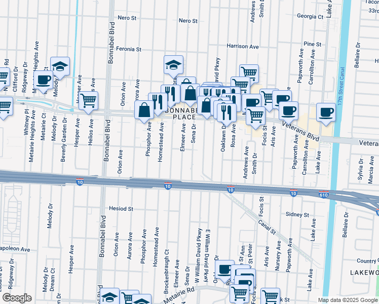 map of restaurants, bars, coffee shops, grocery stores, and more near 426 Sena Drive in Metairie