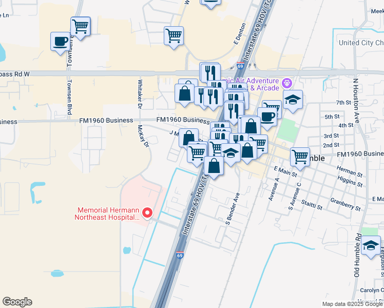 map of restaurants, bars, coffee shops, grocery stores, and more near 19333 U.S. 59 in Humble