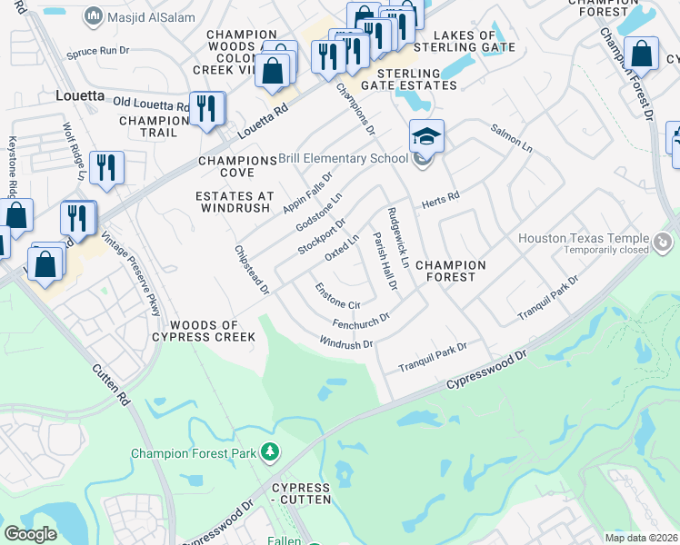 map of restaurants, bars, coffee shops, grocery stores, and more near 9523 Arcade Drive in Spring