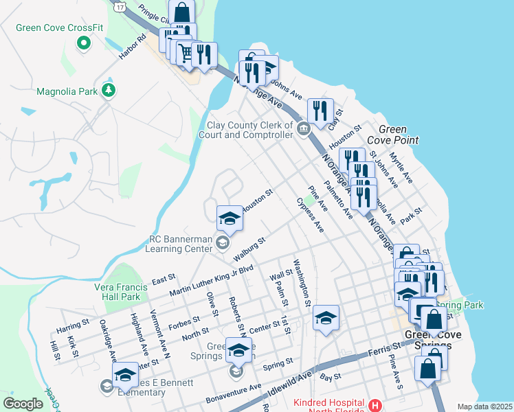 map of restaurants, bars, coffee shops, grocery stores, and more near 608 Mill Street in Green Cove Springs