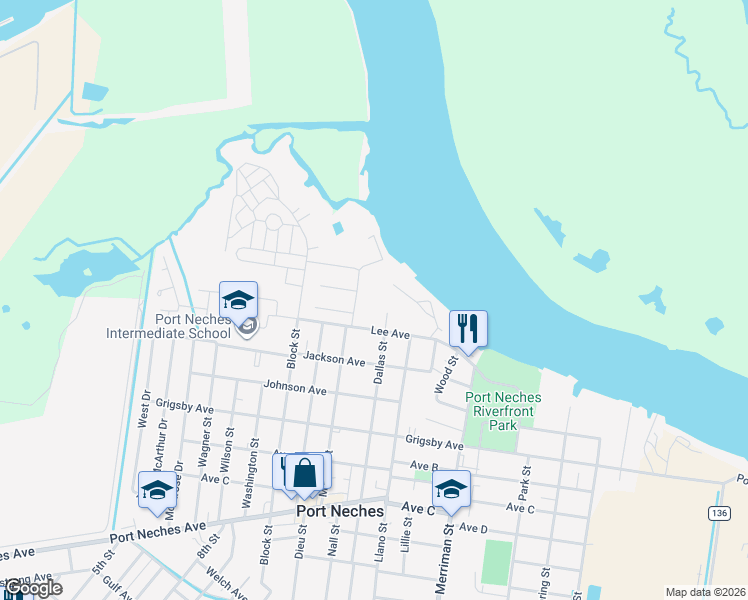 map of restaurants, bars, coffee shops, grocery stores, and more near 608 Dallas Street in Port Neches
