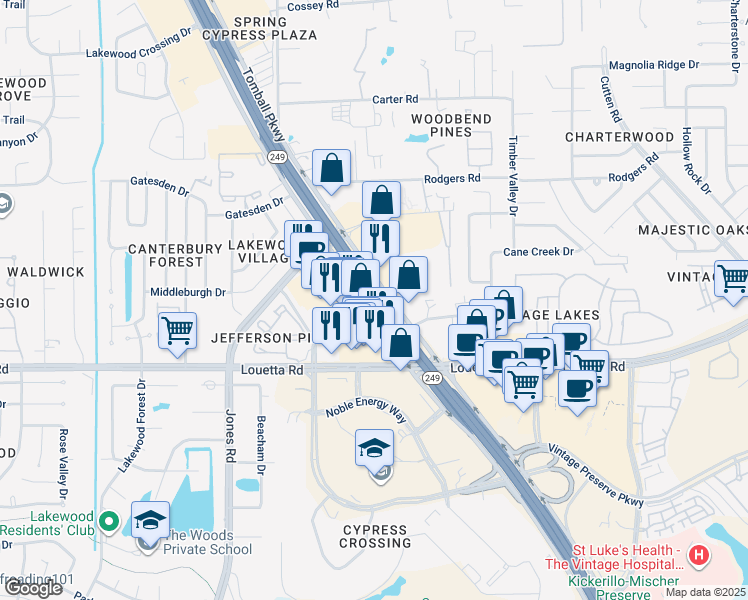 map of restaurants, bars, coffee shops, grocery stores, and more near 21515 Tomball Parkway in Houston
