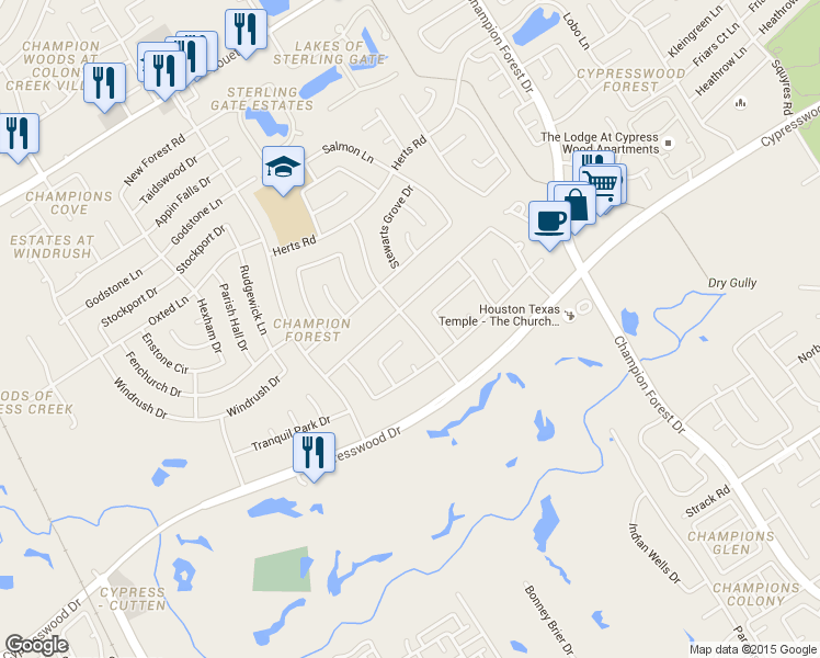 map of restaurants, bars, coffee shops, grocery stores, and more near 15923 Maplehurst Drive in Spring