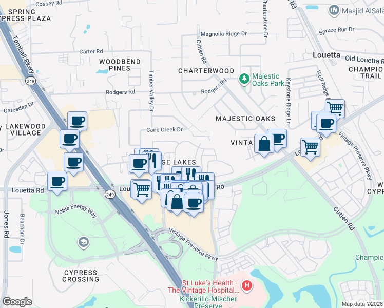 map of restaurants, bars, coffee shops, grocery stores, and more near 9602 Martha Springs Drive in Houston
