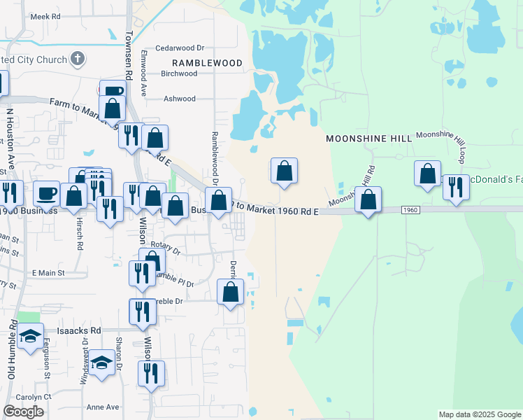 map of restaurants, bars, coffee shops, grocery stores, and more near Farm to Market 1960 Road East in Humble