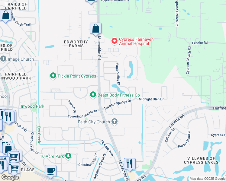 map of restaurants, bars, coffee shops, grocery stores, and more near 15403 Macy Drive in Cypress