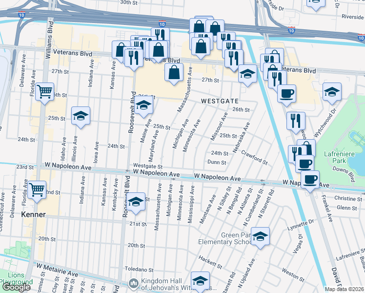 map of restaurants, bars, coffee shops, grocery stores, and more near 2340 Mississippi Avenue in Metairie