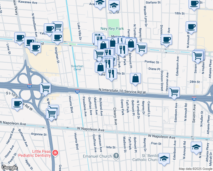 map of restaurants, bars, coffee shops, grocery stores, and more near 2882 Cleary Avenue in Metairie