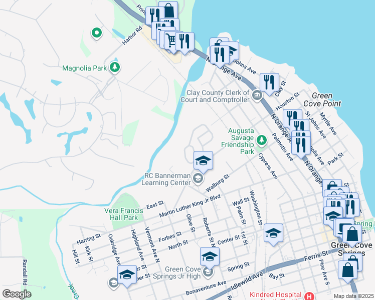 map of restaurants, bars, coffee shops, grocery stores, and more near 1157 Buccaneer Boulevard in Green Cove Springs