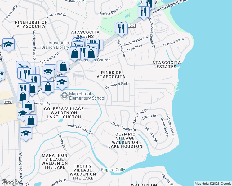 map of restaurants, bars, coffee shops, grocery stores, and more near 19403 Arbor Pines Lane in Humble