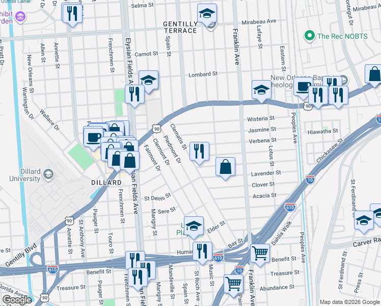 map of restaurants, bars, coffee shops, grocery stores, and more near 2421 Verbena Street in New Orleans