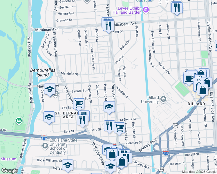 map of restaurants, bars, coffee shops, grocery stores, and more near 1546 Harrison Avenue in New Orleans