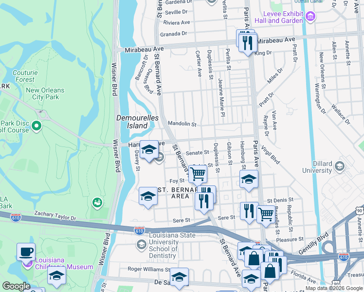 map of restaurants, bars, coffee shops, grocery stores, and more near 4207 Buchanan Street in New Orleans