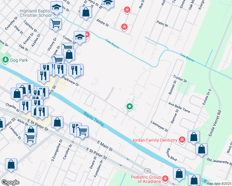 map of restaurants, bars, coffee shops, grocery stores, and more near 506 Grand Pré Boulevard in New Iberia