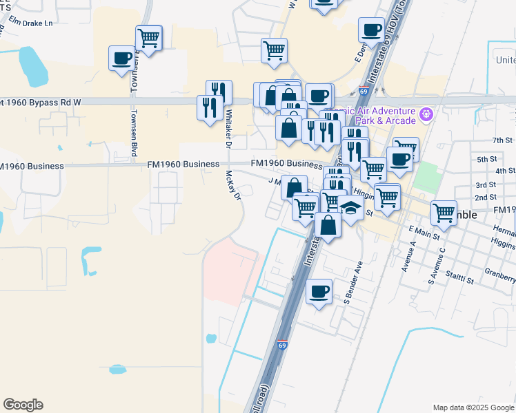 map of restaurants, bars, coffee shops, grocery stores, and more near 9824 J M Hester Street in Humble