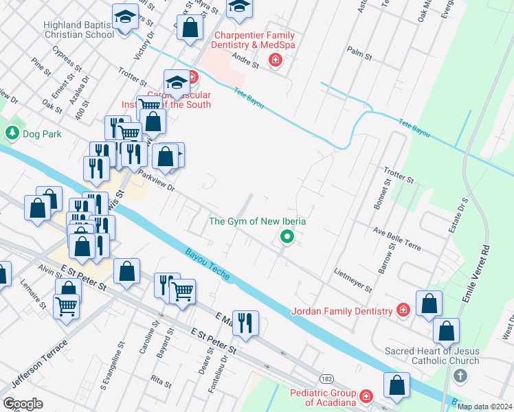 map of restaurants, bars, coffee shops, grocery stores, and more near 506 Grand Pré Boulevard in New Iberia