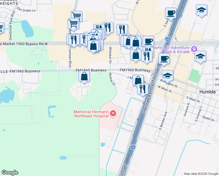 map of restaurants, bars, coffee shops, grocery stores, and more near 19411 McKay Drive in Humble