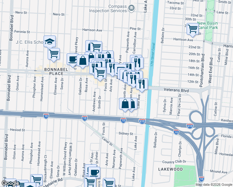 map of restaurants, bars, coffee shops, grocery stores, and more near 835 Nursery Avenue in Metairie