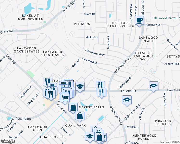 map of restaurants, bars, coffee shops, grocery stores, and more near 12906 Elmington Court in Cypress