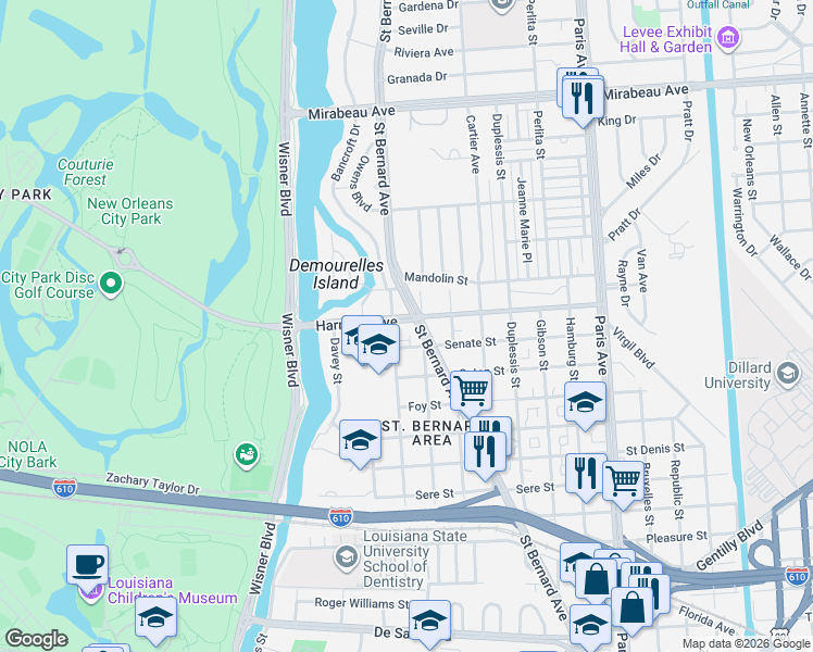 map of restaurants, bars, coffee shops, grocery stores, and more near 4207 Buchanan Street in New Orleans